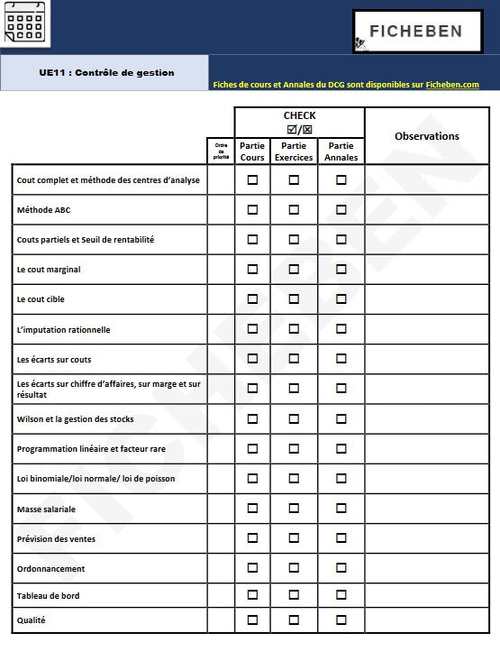 Tableau des contrôles comptables
